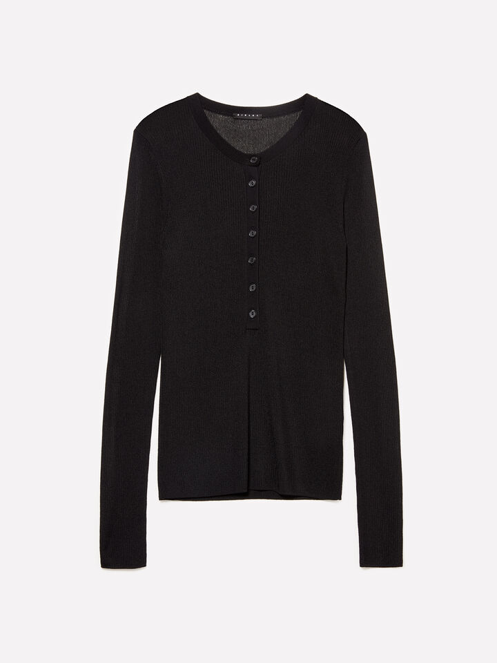 Black Henley top - women's crew neck sweaters - Black | Sisley image number 5